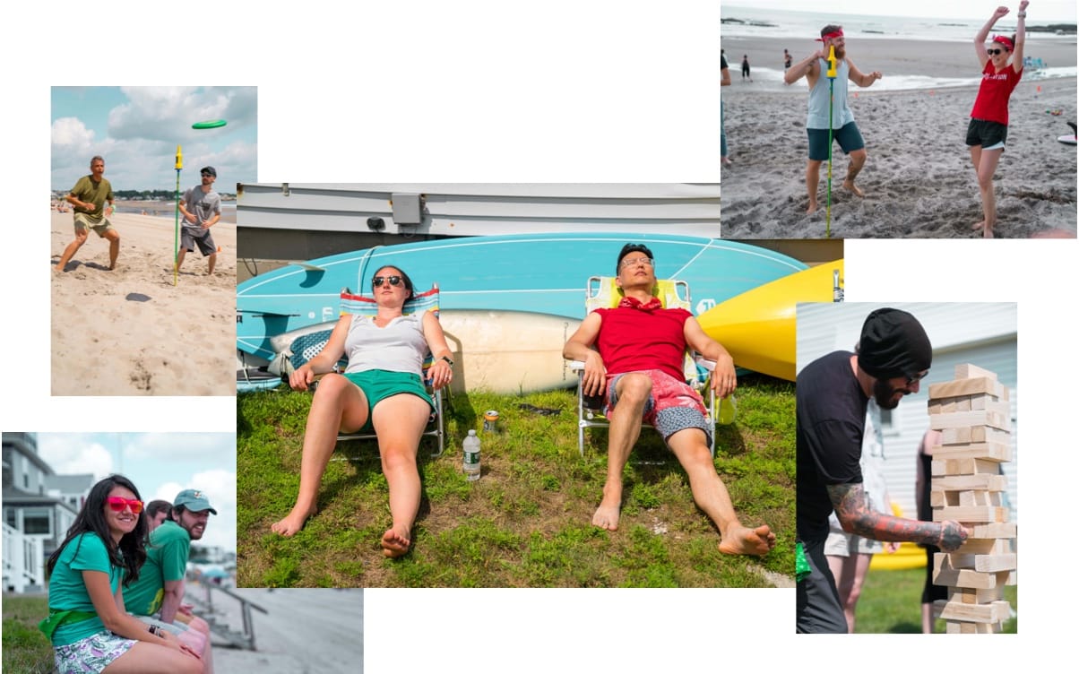 5 separate images making up one collage of multiple people on the beach playing games and relaxing wearing sunglasses