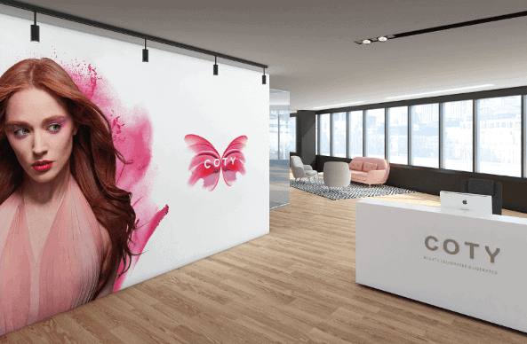 COTY new branding in office space at reception desk 