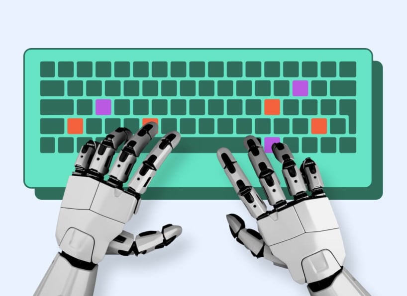 black and white robotic hands hover over an illustration of a green computer keyboard